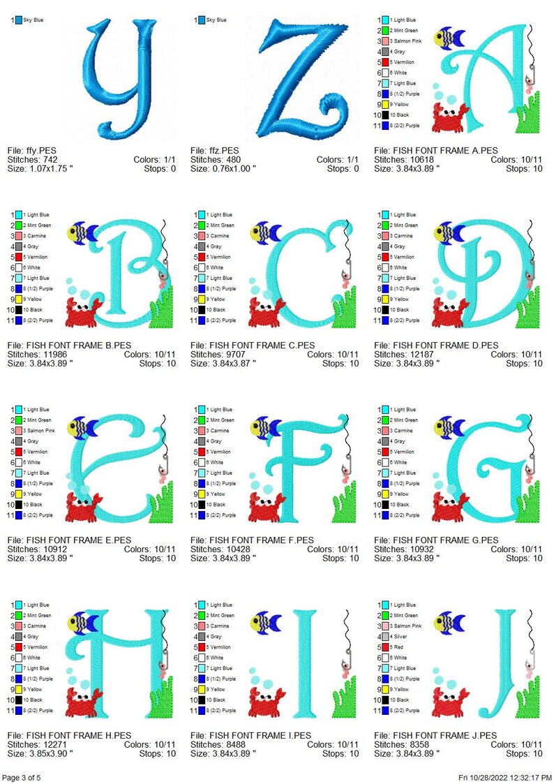 Sea Creature Fish Font Embroidery Design: Blue Letters With Crab, Fish ...