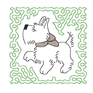 May include: A white cartoon dog with a brown plaid bow tie, outlined in black. The dog is inside a green, squiggly border on a white background. The dog is walking.