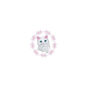 May include: A white cat with blue eyes and pink ears is surrounded by a wreath of pink flowers. The cat has fluffy fur and a detailed embroidered design, set against a white background.