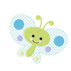 Puede incluir: Una mariposa verde con una cara sonriente y lunares azules y morados en sus alas.