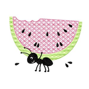 May include: A cartoon illustration of a watermelon slice with a bite taken out of it. The watermelon is pink with black seeds and a green rind. A black ant is positioned below the watermelon, appearing to be carrying it.