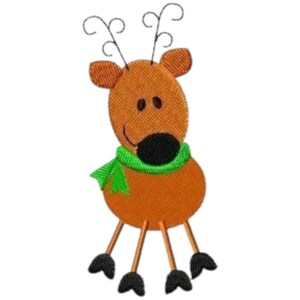 May include: A cartoon reindeer with brown fur, black eyes, and a green scarf. The reindeer has a black nose and four black legs.