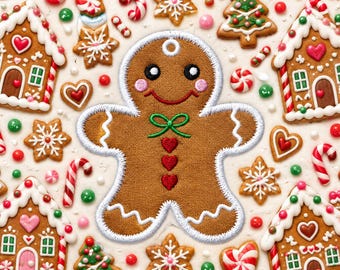 May include: A brown gingerbread man embroidered patch featuring a green bow tie, three red hearts, and white icing details. The patch is surrounded by a festive pattern of gingerbread houses, snowflake cookies, and red and white candy canes.