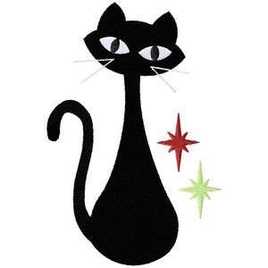 Könnte beinhalten: Eine schwarze Katzensilhouette mit mandelförmigen weißen Augen und dünnen weißen Schnurrhaaren. Die Katze hat einen langen, schlanken Hals und einen geschwungenen Schwanz. Rechts neben der Katze befinden sich zwei vierzackige Sterne, einer in Rot und einer in Hellgrün.