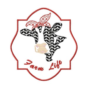 以下が含まれることがあります： 赤と白の枠の中に、黒と白の牛が赤いバンダナを巻いています。枠の中に「Farm Life」という文字が白で書かれています。