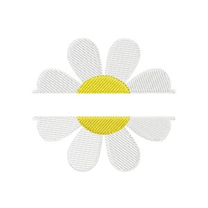 Pode incluir: Um design de margarida com pétalas brancas e um centro amarelo, dividido por uma barra horizontal branca. As pétalas têm uma aparência texturizada e costurada, sobre um fundo branco.