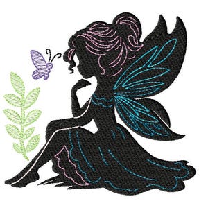 May include: Embroidered black fairy silhouette with pink and blue details, gazing at a purple butterfly. The fairy has large wings with blue details and is near a green leafy plant. A decorative design.