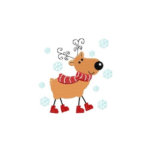 May include: A cartoon reindeer with brown fur, red antlers, and a red scarf is standing on a white background with blue snowflakes.