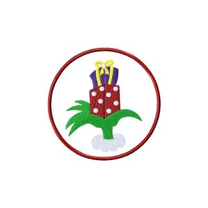 May include: Embroidered patch featuring a stack of gifts with a green base and a white cloud-like bottom. The gifts are red with white polka dots and purple with a yellow bow. The design is enclosed in a red circular border.