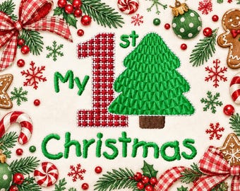 May include: An embroidered design featuring the text My 1st Christmas with a green tree replacing the number one. The design is surrounded by gingerbread cookies, red and white candy canes, green polka dot ornaments, and red plaid bows.
