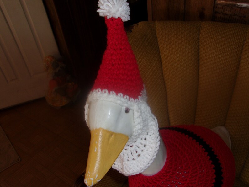May include: A goose wearing a handmade Santa Claus outfit. The red crocheted hat has a white trim and a white pom-pom. The goose also wears a red crocheted sweater with black stripes and a white crocheted collar.