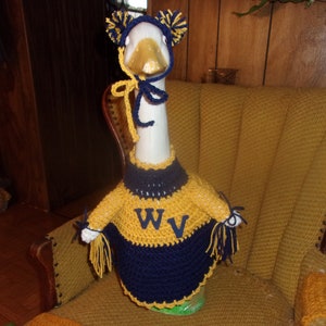 May include: A ceramic goose wearing a crocheted sweater with the letters "WV" in yellow. The sweater is yellow and blue with white trim. The goose is wearing a blue and white crocheted hat with yellow pom-poms.