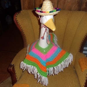 Mexican Poncho Striped and Sombrero Goose Geese Outfit Crochet Lawn Geese Clothes Garden Statue Outfit Geese Dress