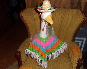 Mexican Poncho Striped and Sombrero Goose Geese Outfit Crochet Lawn Geese Clothes Garden Statue Outfit Geese Dress