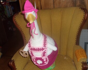 Lederhosen Pink Goose Geese Outfit Crochet Lawn Goose Clothes Outdoor Garden Statue Dress Patio Decor