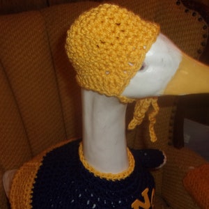 May include: A white goose wearing a yellow crocheted hat and a blue and yellow crocheted sweater.