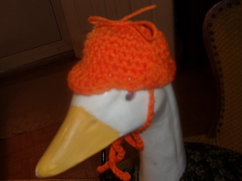 Puede incluir: Un ganso blanco con un gorro de punto naranja con una larga correa de punto naranja.