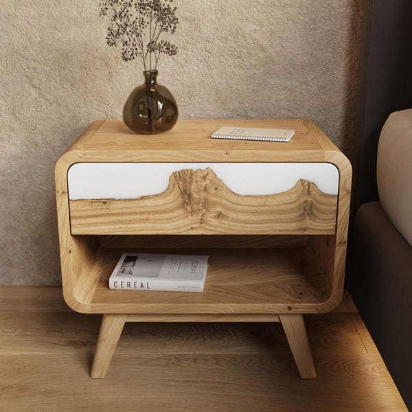 Artistic White Nightstand made from solid wood & epoxy - narrow bedside table with drawer for modern bedroom decor