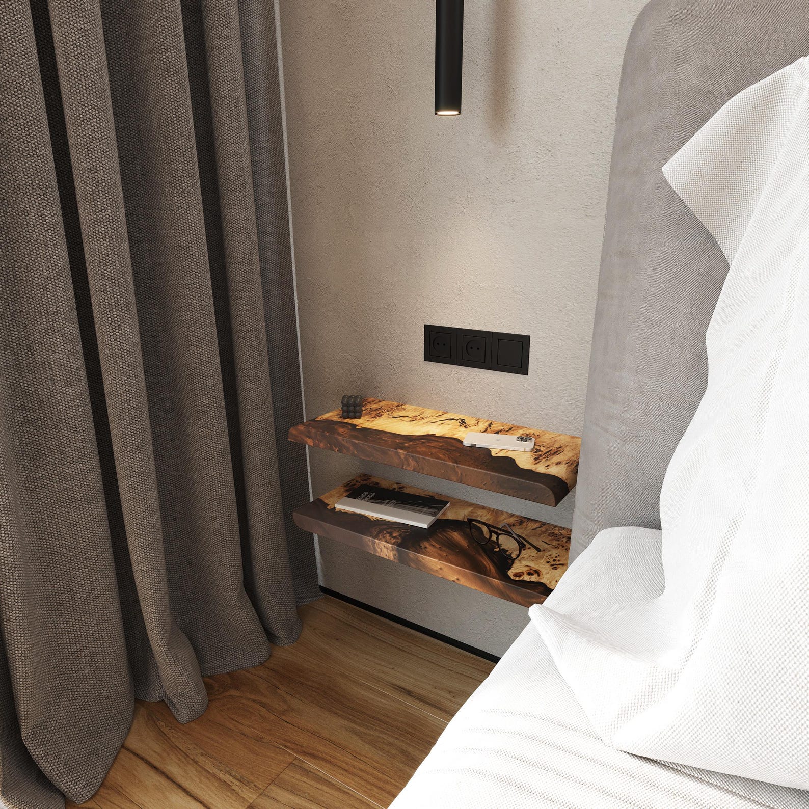 Modern Floating Bedside Shelves | Wood & White Epoxy Nightstand Shelf