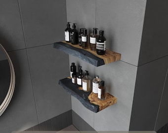 Modern Black Epoxy & Wood Shelf for bathroom – custom floating shelves for living room, kitchen, bar or bedroom