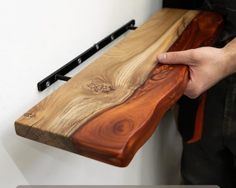 Amber Epoxy & Solid Wood Shelf With Hidden Bracket – wall mounted wooden floating shelves for living room, bathroom. Live edge wood shelf