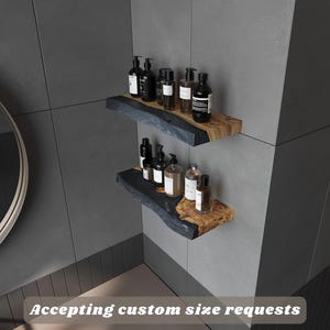 Modern Black Epoxy & Wood Live Edge Shelf for Bathroom and Powder Room Decor