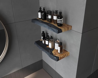 Modern Black Epoxy & Wood Shelf for bathroom – custom floating shelves for bathroom, entryway, office, spa