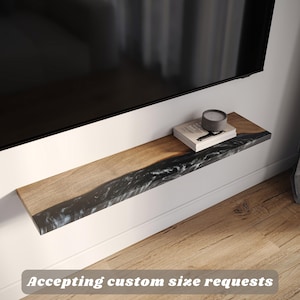 Solid Wood & Epoxy Floating under TV Console Wall Shelf - handcrafted floating shelves for minimalist apartment decor