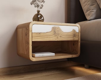 White Floating Nightstand | Solid Wood & Epoxy Narrow Nightstand Pair | Bedside Tables for bedroom decor | Premium wood furniture