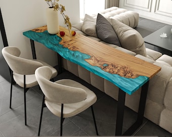 Modern Counter Height Table for kitchen, dining room, pub. Bar height epoxy & solid live edge wood table