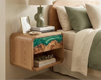 Green Floating Nightstand with Drawer - Epoxy Wood Bedside Tables Pair as Handmade Modern Bedroom & Nursery Furniture