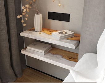 Modern Floating Bedside Shelves | Wood & White Epoxy Nightstand Shelf | White Bedroom Decor Furniture | Wall Shelves | Small Shelf