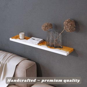 Authentic white epoxy & wood floating shelf for wall decor – wooden wall shelves for kitchen, bar, living room or bedroom. Book lover gift