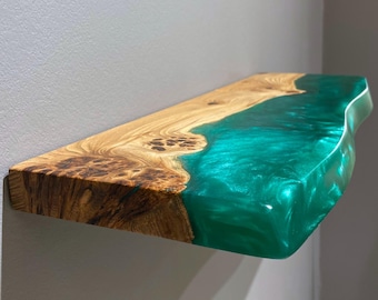 Green Epoxy Resin & Wood Live Edge Shelf – custom wooden floating shelves for nursery, living room, kitchen, bathroom, entryway