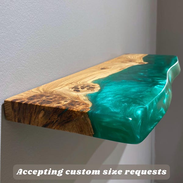 Green Epoxy Resin & Wood Live Edge Shelf – custom wooden floating shelves for nursery, living room, kitchen, bathroom, entryway