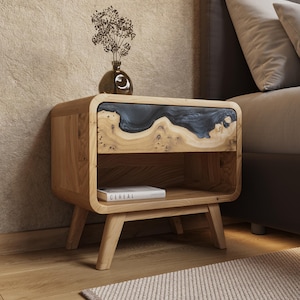 Black Nightstand with Drawer made from live edge wood & epoxy | Narrow Bedside Tables Pair for bedroom decor, kids room | Bedside Cabinet