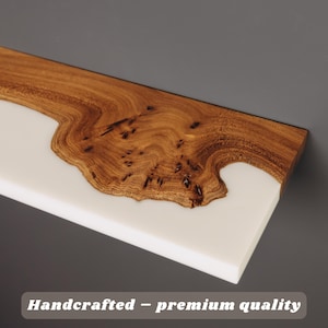 White Epoxy & Wood Unique Wall Shelf With Hidden Bracket – custom floating shelves for living room, bathroom, bar, office accent wall decor