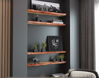 Amber Epoxy Resin & Wood Floating Shelves – wooden wall shelves for living room, gaming room, bedroom. Copper epoxy resin shelf handcrafted