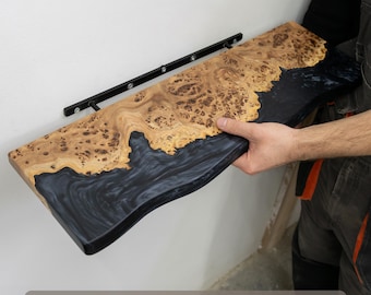 Black Epoxy & Wood Floating Shelf – modern shelves with hidden bracket for bathroom, kitchen, bar, living room, hallway, new home gift