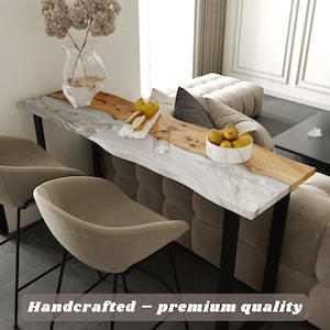 Modern Pub Height Table Handcrafted from Epoxy & Reclaimed Wood - Custom furniture for kitchen, restaurant. Dining table for cafe, bar