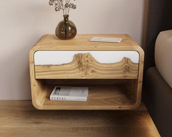 Elegant White Floating Nightstand - unique bedroom bedside tabes set made from solid live edge wood & epoxy