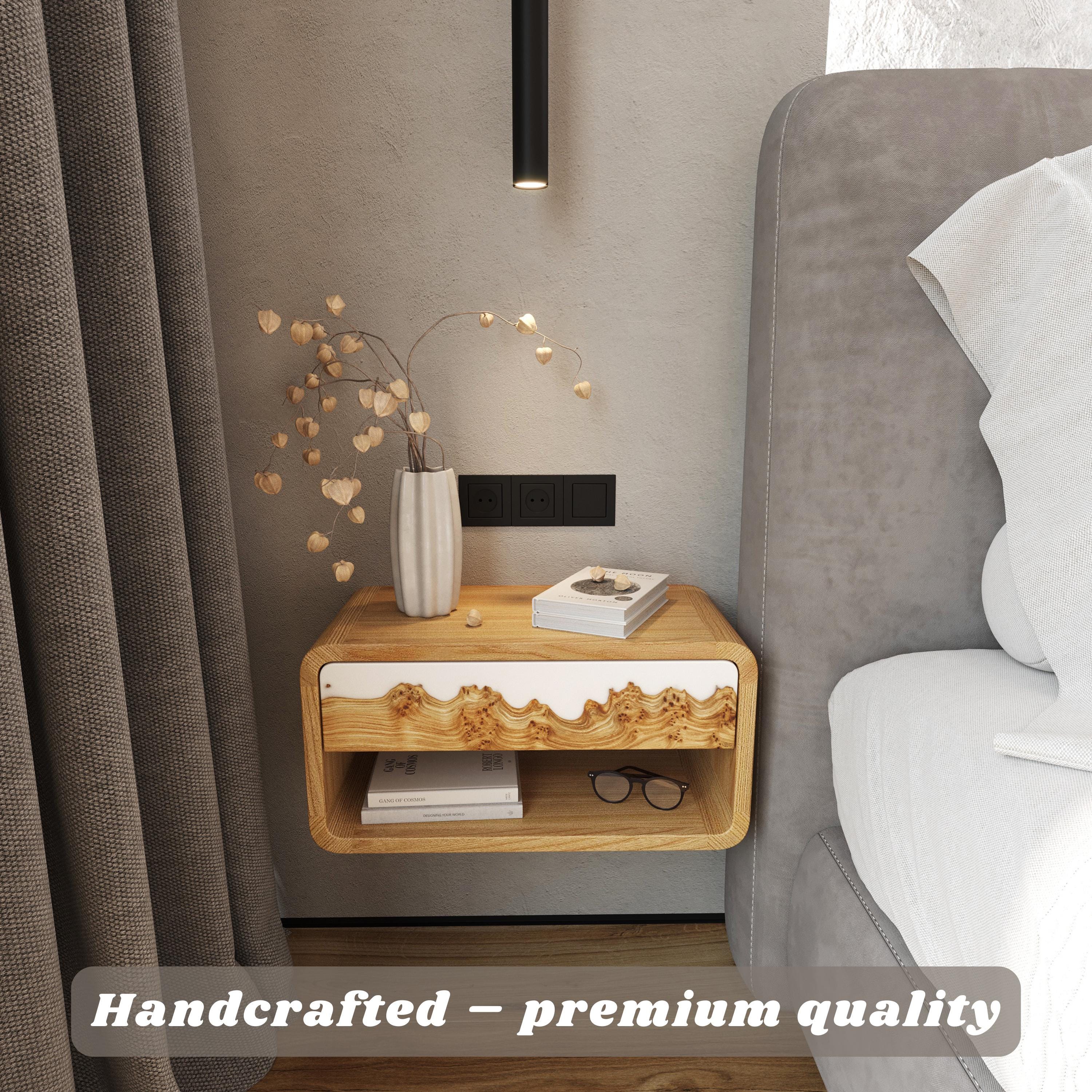 White Epoxy & Wood Headboard Nightstand wall mounted | Rustic Floating Bedside Tables wall mounted  – Minimalist Handmade Bedroom Furniture