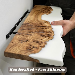 White Live Edge Floating Shelf With Hidden Bracket – unique wall shelves for bathroom, powder room shelf