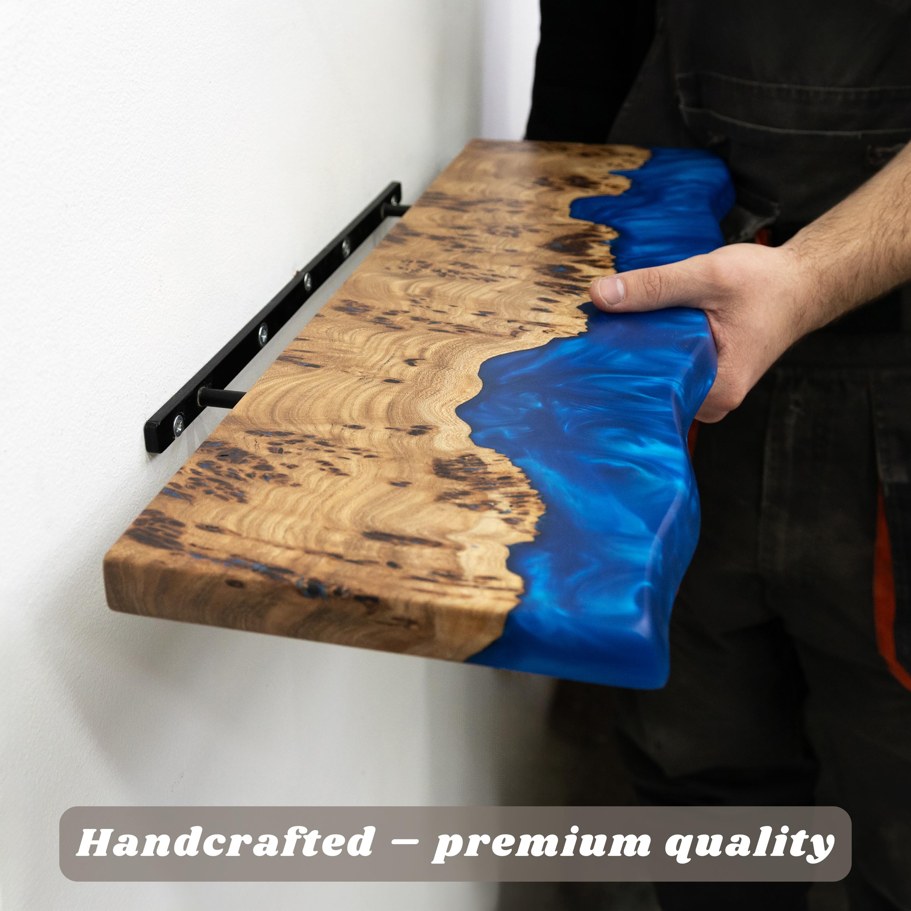 Handcrafted Blue Epoxy & Wood Wall Live Edge Shelf – wall mounted floating shelves for living room, office, storage organization, book shelf