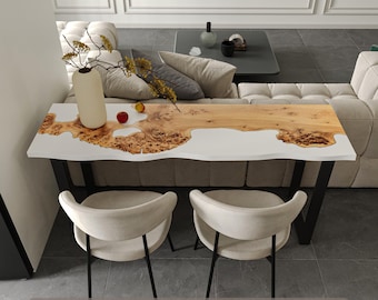 White Bar Height Table - live edge wood & epoxy dining room table for kitchen, restaurant