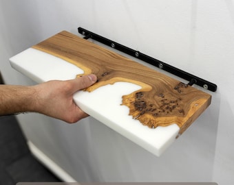 Solid Live Edge Wood & White Epoxy Floating Shelf. Wall mounted small wall shelf for farmhouse, apartment decor
