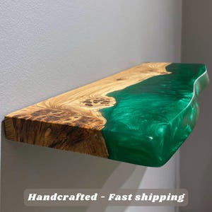 Green Epoxy & Wood Live Edge Shelf – wall mounted floating shelves for bathroom and powder room