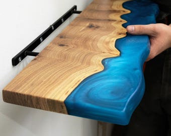 Blue Epoxy & Wood Live Edge Floating Shelf – Wall Mounted Shelves