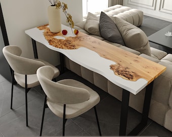 White Dining Table made of natural solid wood & epoxy - counter height tables for kitchen, dining room, pub or bar. Live edge dining table