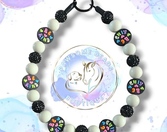 Handmade Beaded Dog Collar | Cream, Black, Be Kind Focal Beads (Custom Size)